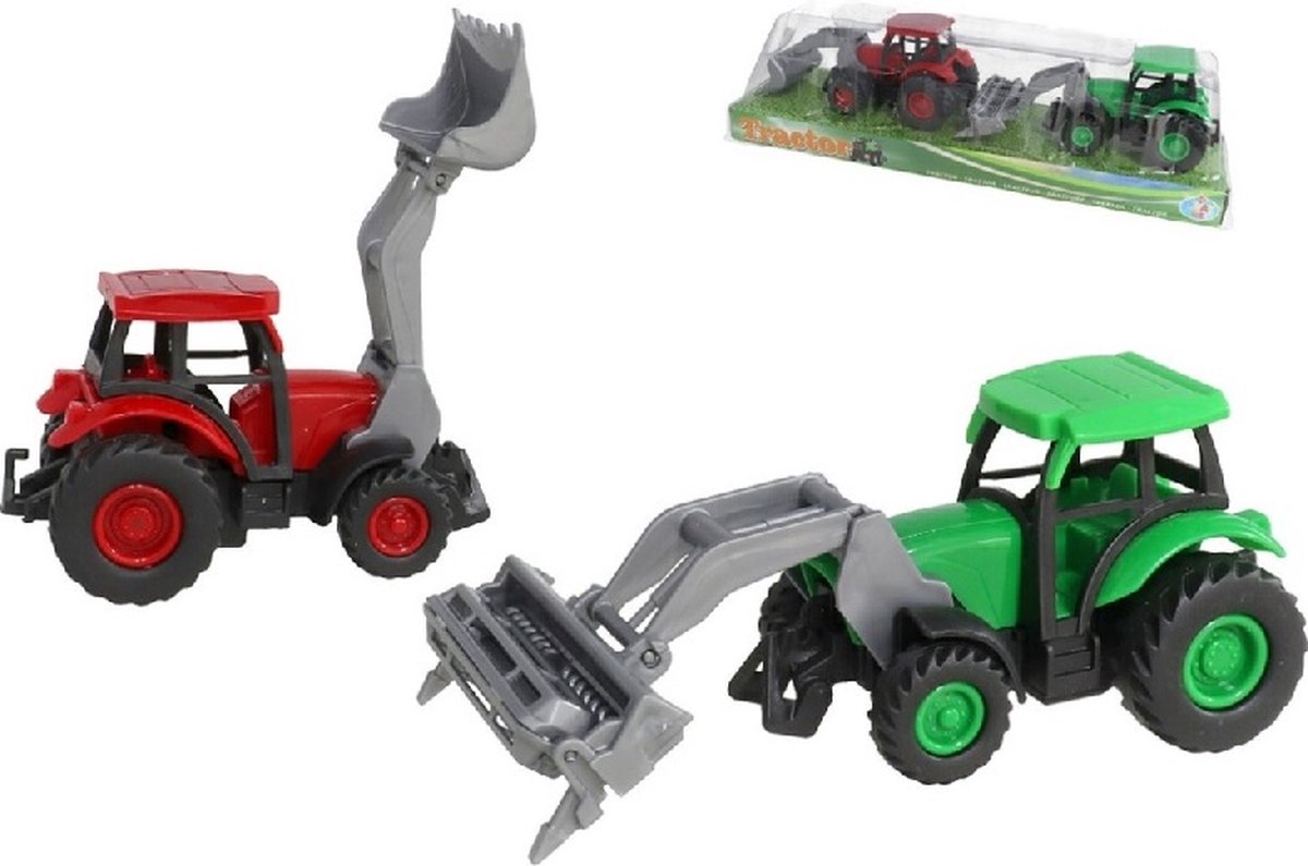 Gerimport Tractor met grijper - set 2 stuks - groen en rood