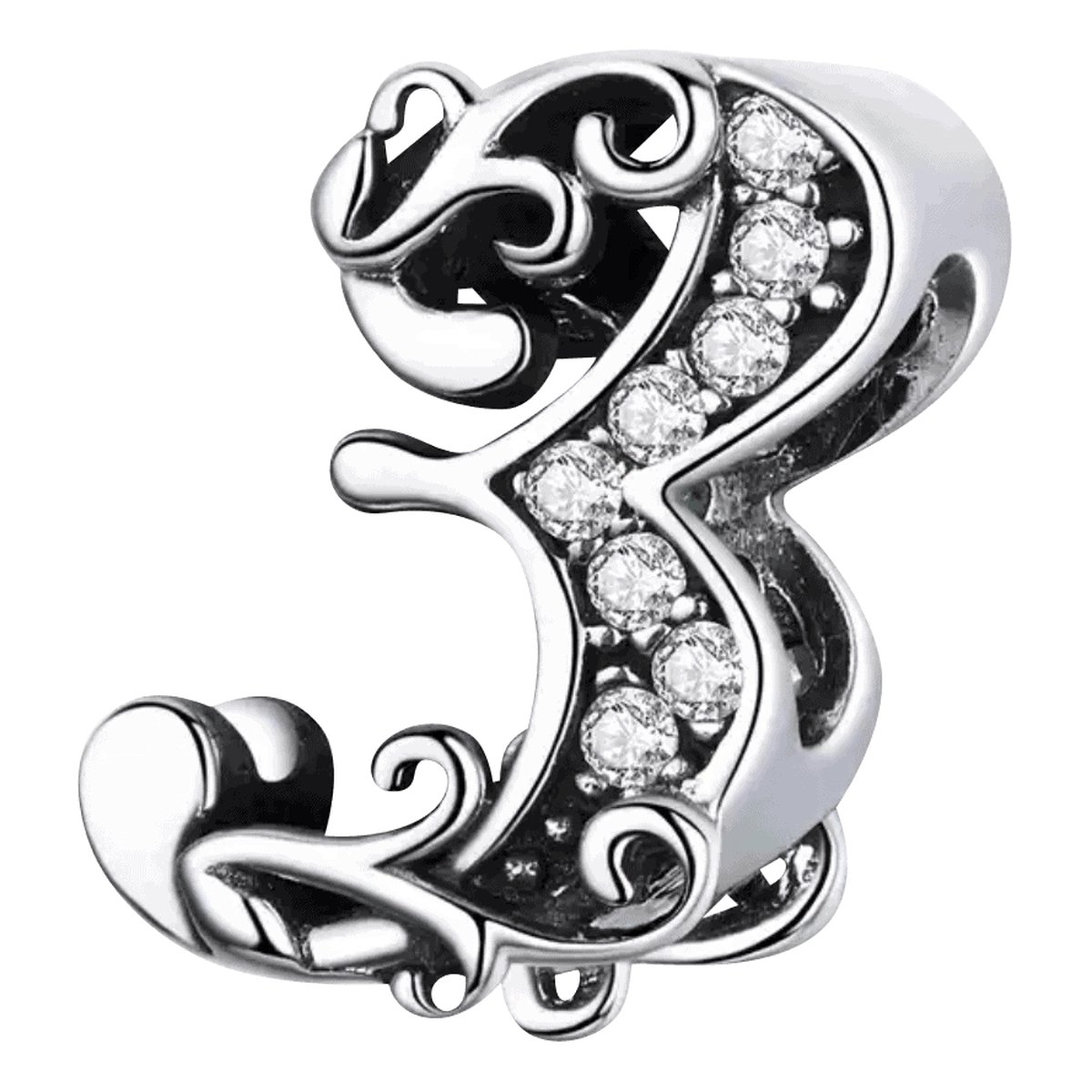 Tracelet - Zilveren bedels - Cijfer Bedel 3 | Bedel nummer 3 met zirkonia | 925 Sterling Zilver - Pandora compatible - 925 Zilver Certificaat - In Leuke Cadeauverpakking - Valentijn