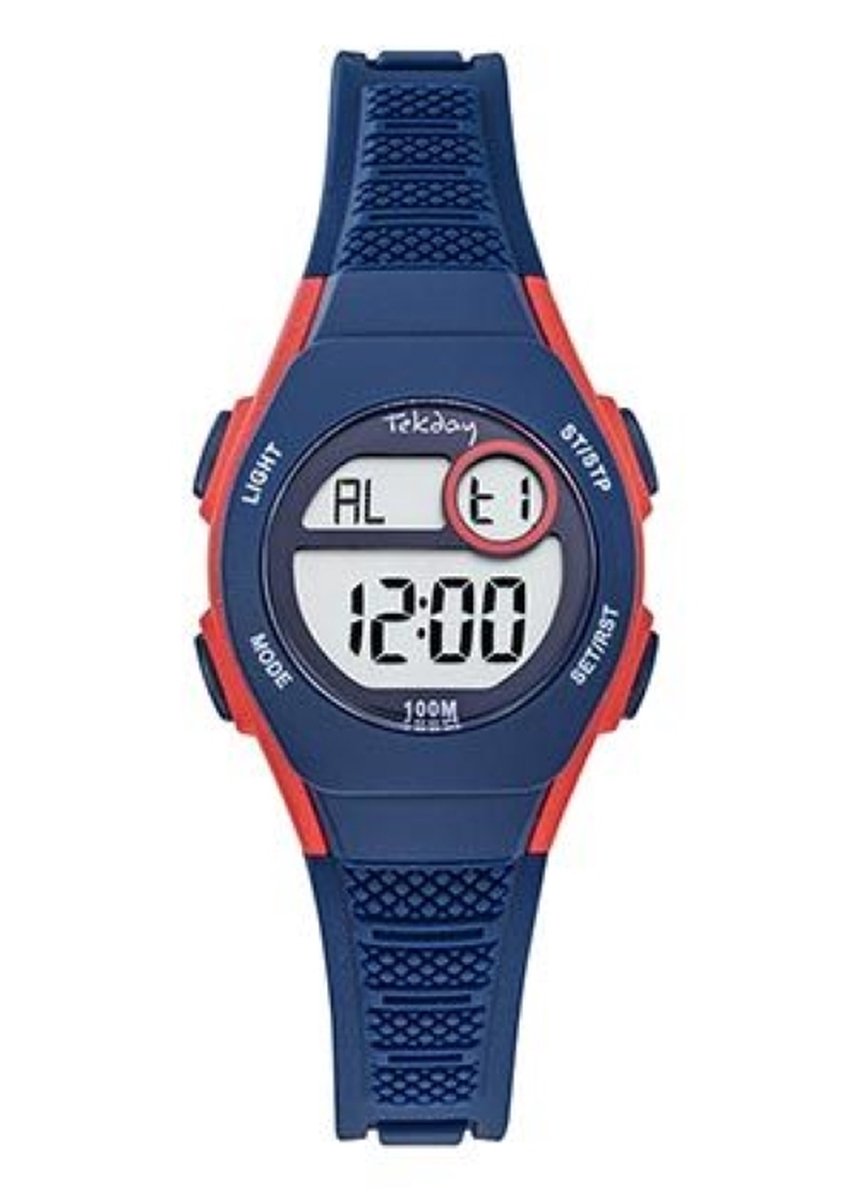 Tekday-Horloge-Kinderhorloge-Digitaal-Alarm-Stopwatch-Timer-Datum-Backlight-10ATM waterdicht-Zwemmen-Sporten-28MM-Blauw-Rood