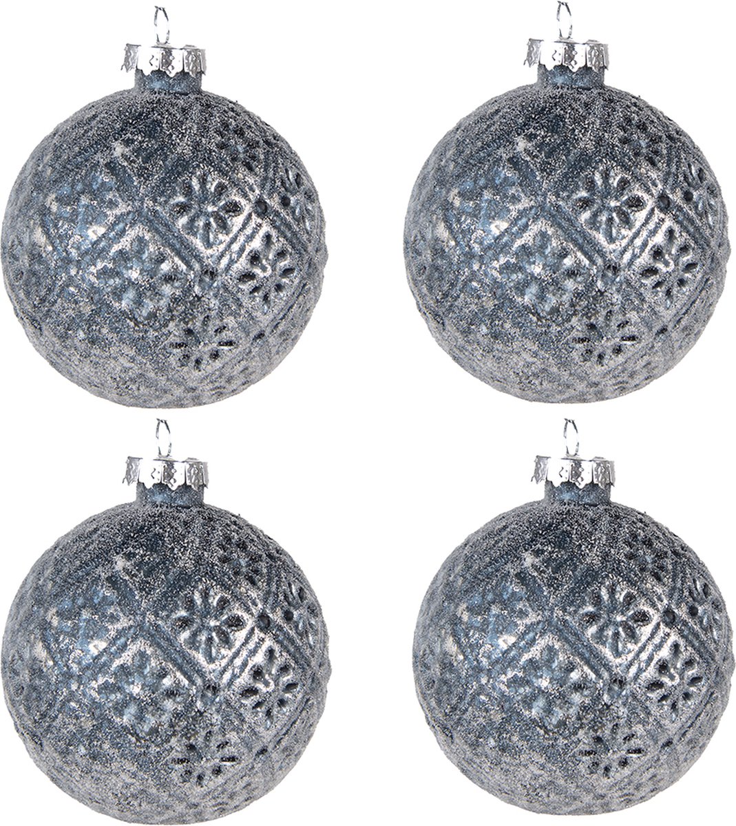 Clayre & Eef Kerstballen set van 4 Ø 8 cm Blauw Glas Kerstdecoratie Kerstversiering Kerstboomversiering