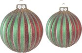 Clayre & Eef Kerstbal Set van 2 Ø 10 / Ø 8 cm Rood Groen Glas Kerstdecoratie