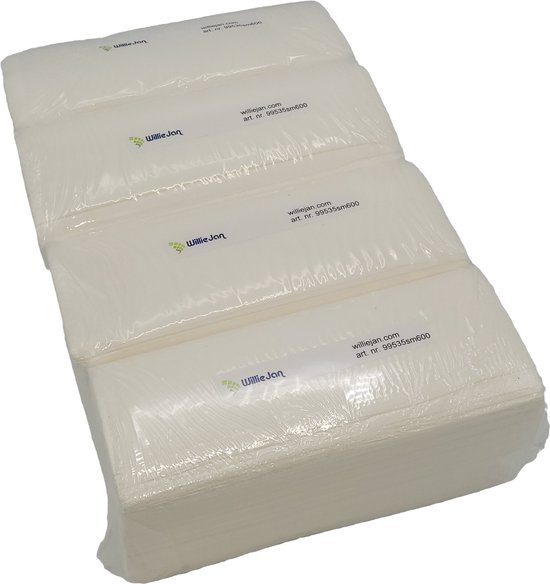 4 pakken witte papieren handdoekjes, elk verpakt in plastic met WillieJan logo.
