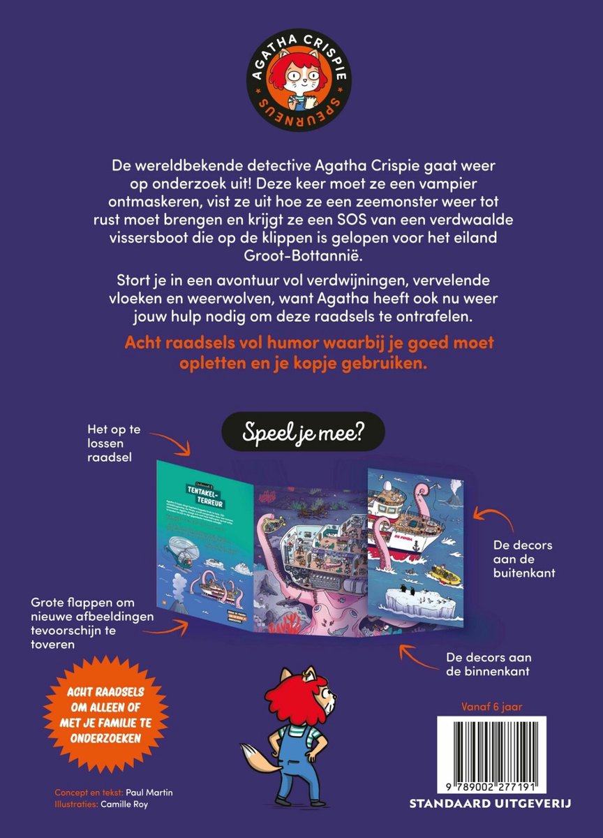 Boekomslag met een kat, die een tandenborstel vasthoudt, te midden van een fantasiewereld. Speel mee, 6+.
