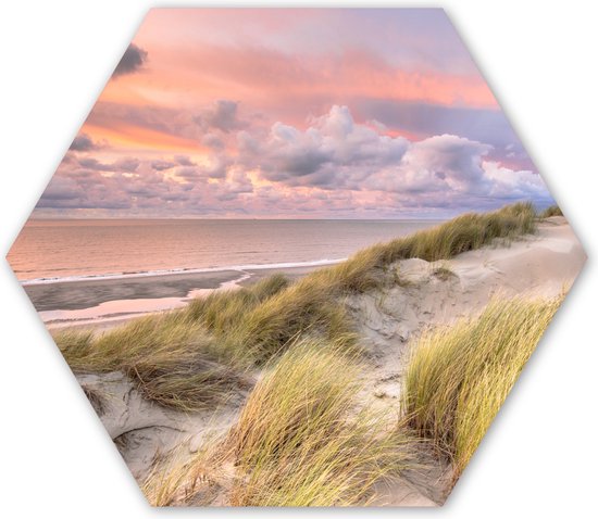 Hexagon wanddecoratie - Kunststof Wanddecoratie - Hexagon Schilderij - Strand - Zee - Duin - Zonsondergang - 120x103 cm