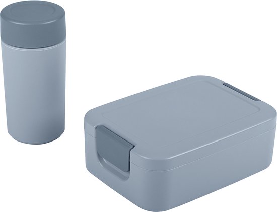 Boîte à pain bleue avec fermoir gris et gobelet de boisson gris.