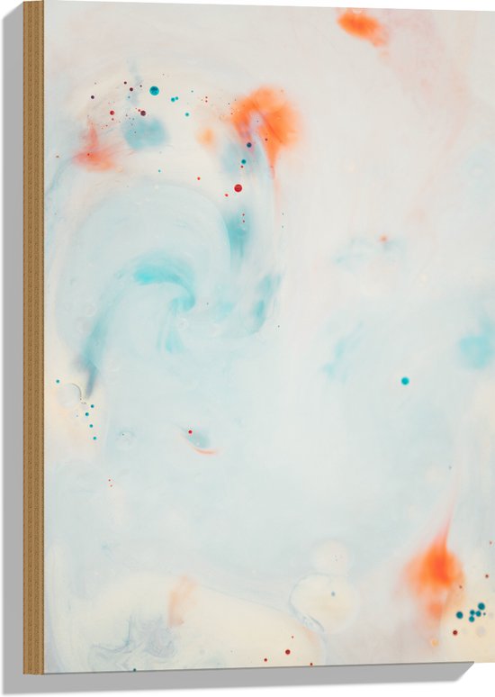 WallClassics - Hout - Abstracte Blauw/Oranje Vlekken op Witte Achtergrond - 40x60 cm - 12 mm dik - Foto op Hout (Met Ophangsysteem)