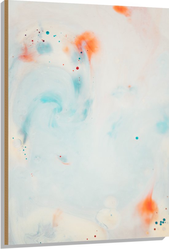 WallClassics - Hout - Abstracte Blauw/Oranje Vlekken op Witte Achtergrond - 80x120 cm - 12 mm dik - Foto op Hout (Met Ophangsysteem)