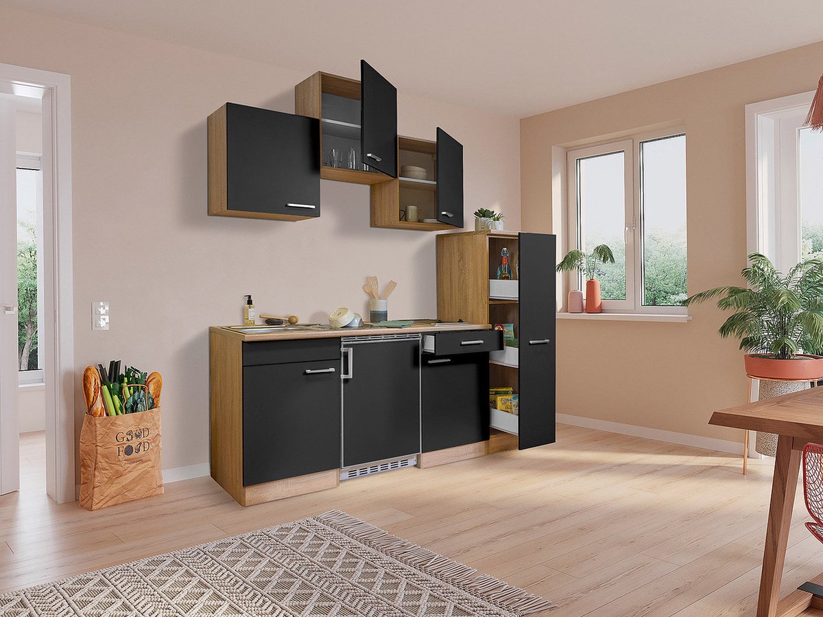 Goedkope keuken 180 cm - complete kleine keuken met apparatuur Luis - Eiken/Grijs - keramische kookplaat - koelkast - mini keuken - compacte keuken - keukenblok met apparatuur