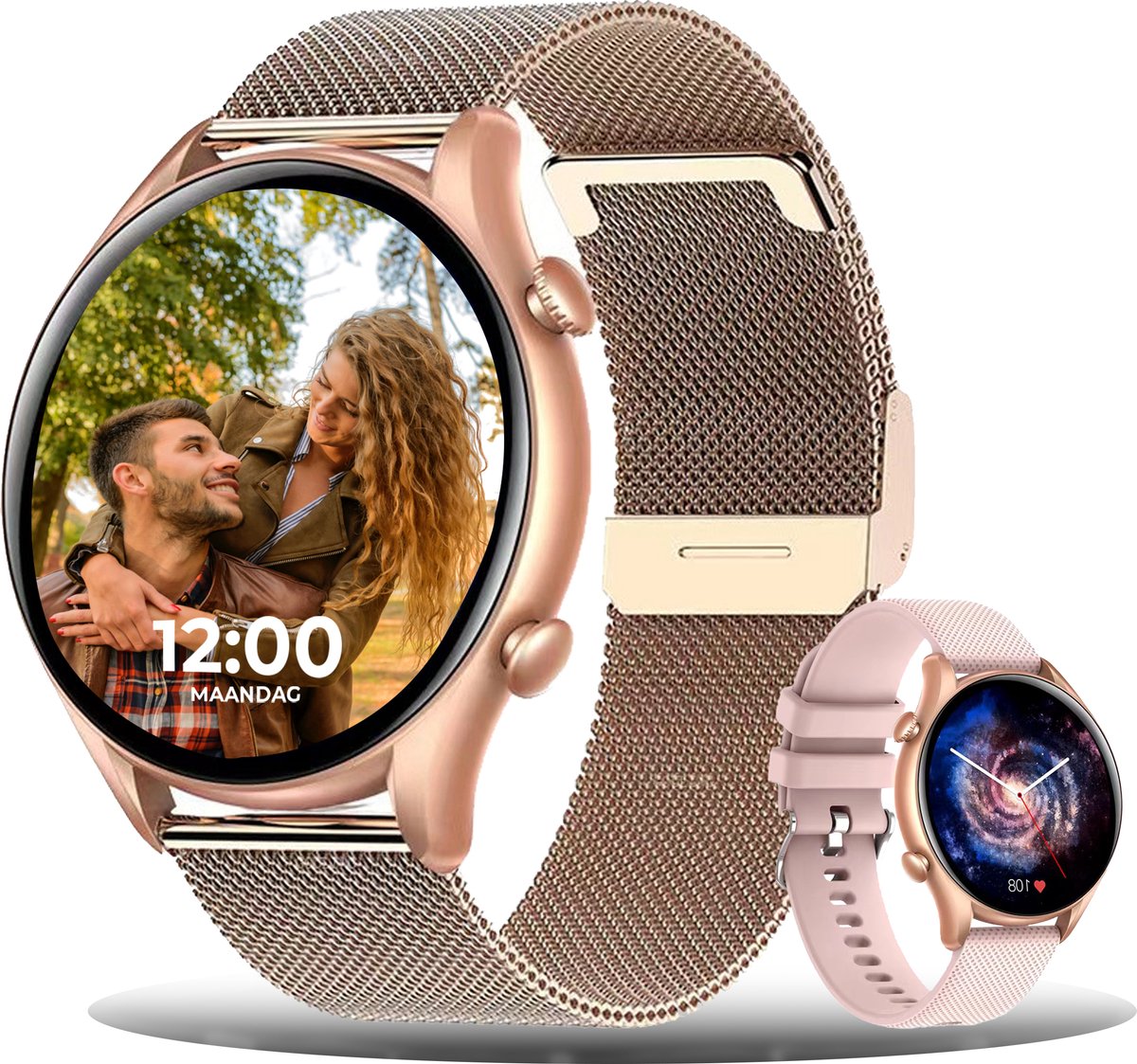 Smartwatch Dames Rosé Goud - iOS en Android - Smartwatches HD Touchscreen - Met Extra Roze Band - Techrie - Techrie