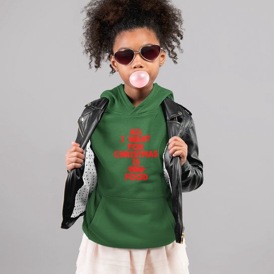 Kerst Hoodie Groen Kind - All I Want For Christmas Is Food Red (7-8 jaar - MAAT 122/128) - Kerstkleding voor jongens & meisjes