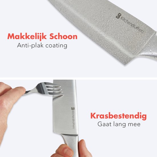 Bovenste beeld: close-up van een KitchenBrothers mes met anti-aanbaklaag. Onderste beeld: een vork schraapt over een mes.