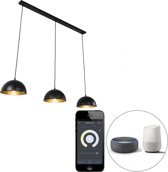 QAZQA magnax - Table à manger industrielle à suspension Smart à LED avec WiFi pour au-dessus de la table à manger | en salle à manger - 3 lumières - L 138 cm - Zwart - Industriel - Salon | Chambre à coucher | Cuisine