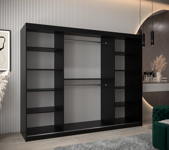 InspireMe - Armoire avec 3 portes coulissantes, Style moderne, Armoire avec étagères (LxHxP): 250x200x62 - TORM 250 Zwart Mat