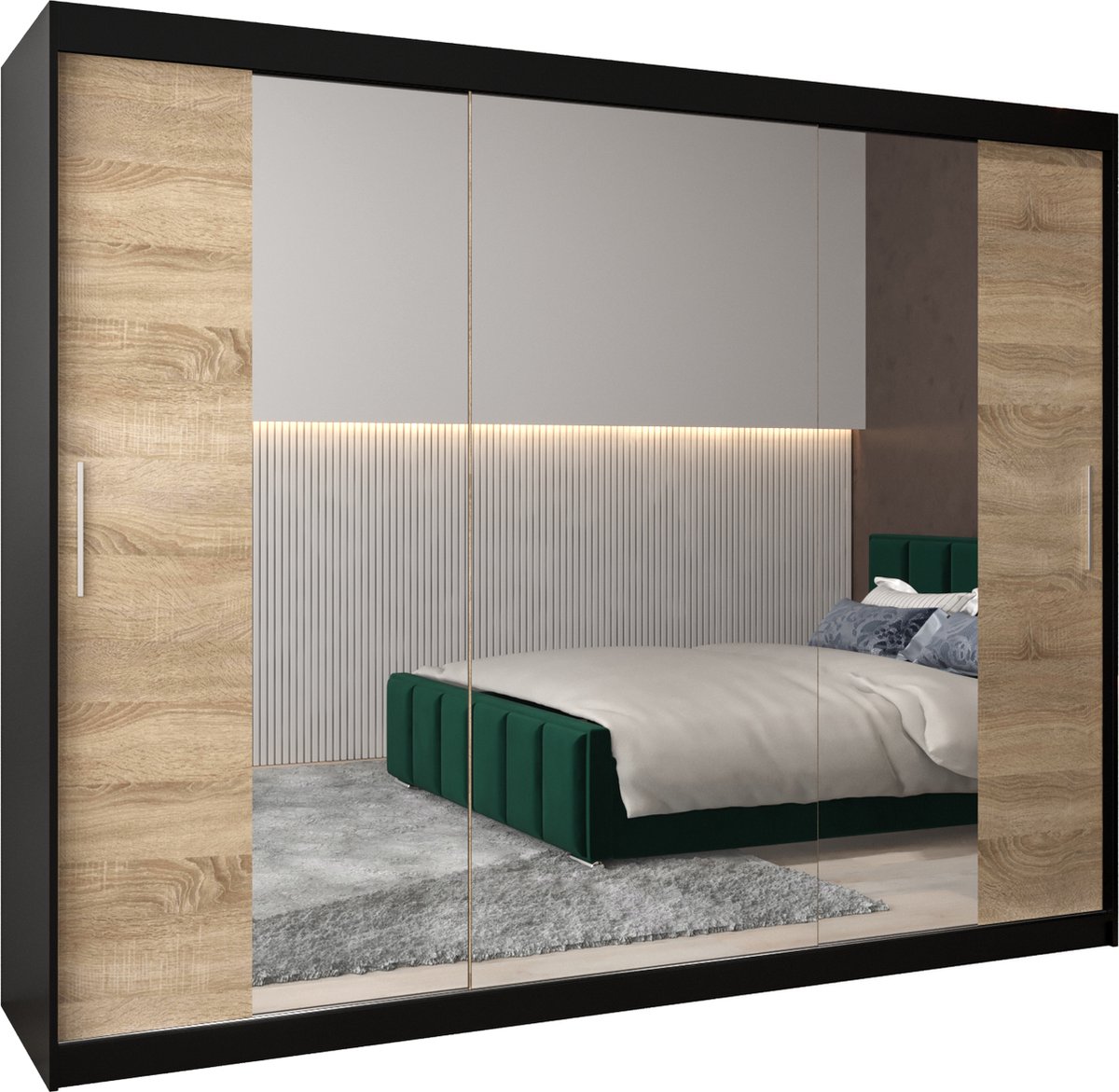 InspireME Kledingkast met 3 schuifdeuren, Modern-stijl, Kledingkast met planken (BxHxD): 250x200x62 - TORM II 250 Zwart Mat + Sonoma Eik mat 4 lades