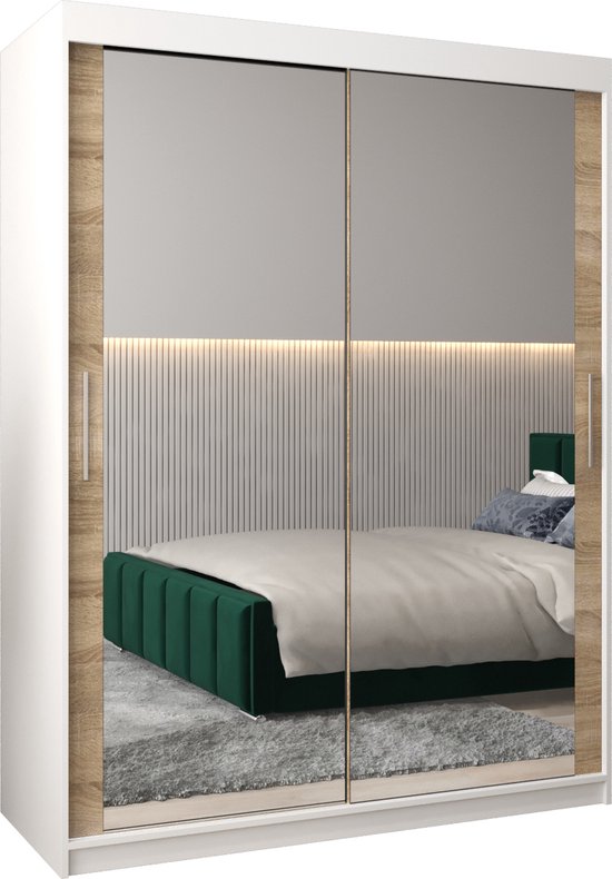 InspireMe - Kledingkast met 2 schuifdeuren, Modern-stijl, Kledingkast met planken (BxHxD): 150x200x62 - TORM III 150 Wit Mat + Sonoma Eik met 2 lades