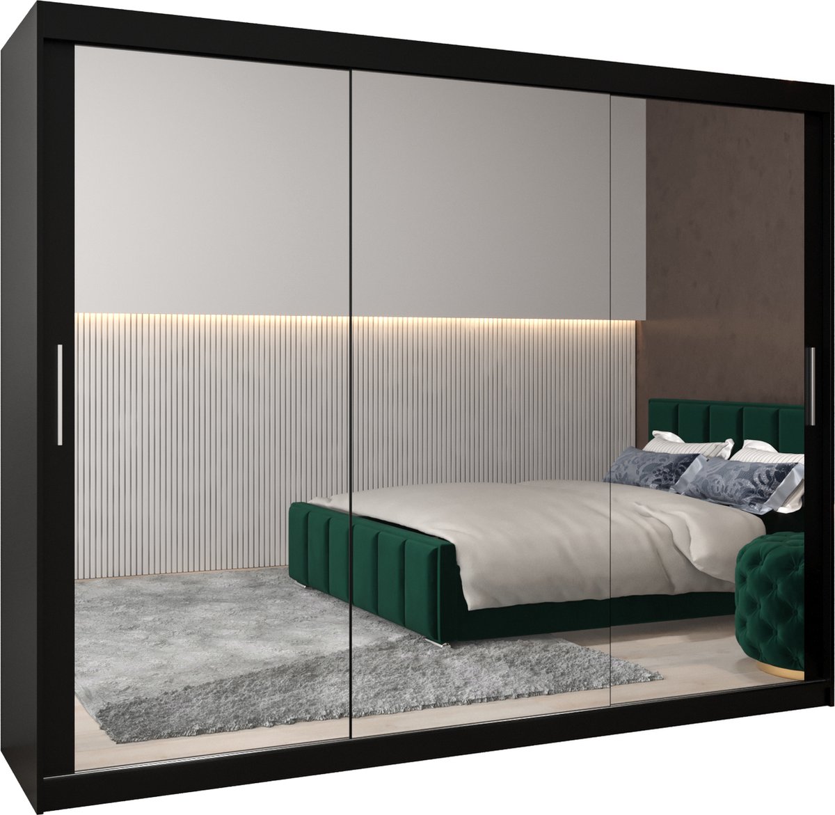 InspireME Kledingkast met 3 schuifdeuren, Modern-stijl, Kledingkast met planken (BxHxD): 250x200x62 - TORM III 250 Zwart Mat mat 4 lades