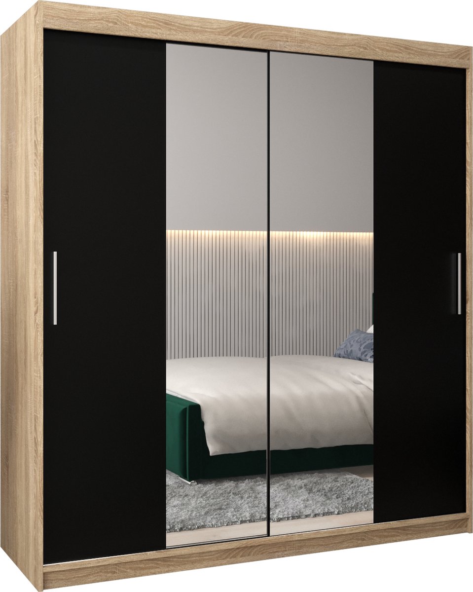 InspireME Kledingkast met 2 schuifdeuren, Modern-stijl, Kledingkast met planken (BxHxD): 180x200x62 - TORM I 180 Sonoma Eik + Zwart Mat