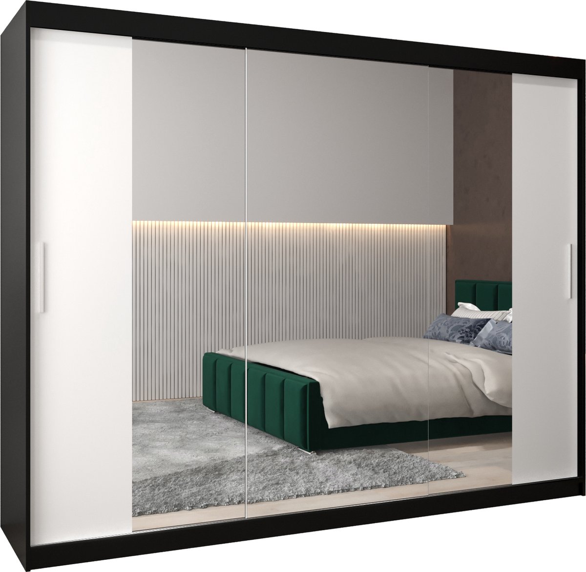 InspireME Kledingkast met 3 schuifdeuren, Modern-stijl, Kledingkast met planken (BxHxD): 250x200x62 - TORM II 250 Zwart Mat + Wit Mat