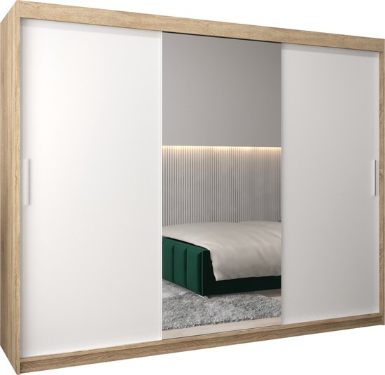 InspireMe - Kledingkast met 3 schuifdeuren, Modern-stijl, Kledingkast met planken (BxHxD): 250x200x62 - TORM I 250 Sonoma Eik + Wit Mat mat 4 lades