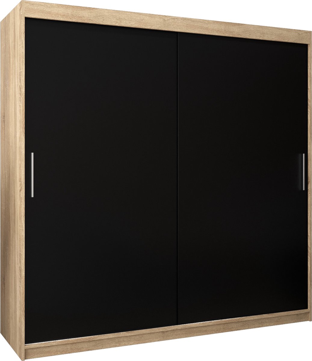 InspireME Kledingkast met 2 schuifdeuren, Modern-stijl, Kledingkast met planken (BxHxD): 200x200x62 - TORM 200 Sonoma Eik + Zwart Mat