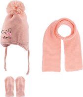 Kitti 3-Delig Winter Set | Muts (Beanie) met Fleecevoering - Sjaal - Handschoenen | 0-18 Maanden Baby Meisjes | K22150-05-04 | Salmon Pink