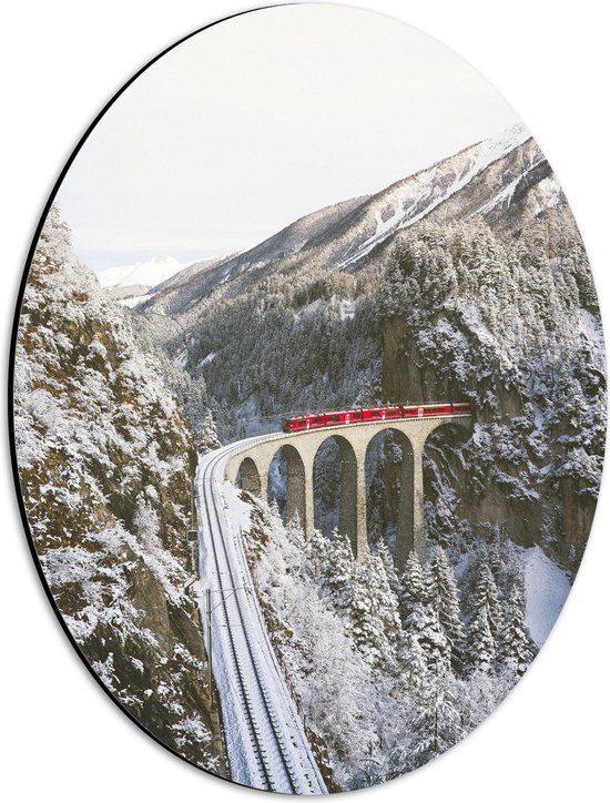 WallClassics - Dibond Ovaal - Rode Trein door de Bergen in de Sneeuw - 30x40 cm Foto op Ovaal (Met Ophangsysteem)