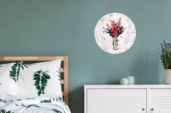 WallCircle - Muurstickers - Behangcirkel - Vaas - Bloemen - Krant - ⌀ 30 cm - Muurcirkel - Zelfklevend - Ronde Behangsticker