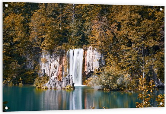 WallClassics - Tuinposter – Waterval vanuit het Bos in een Meer - 120x80 cm Foto op Tuinposter  (wanddecoratie voor buiten en binnen)