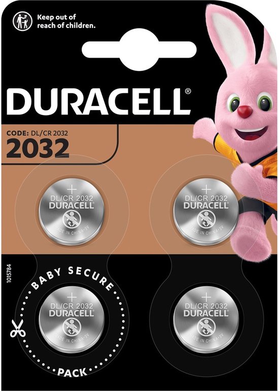 Duracell 2032 batterijen, 4 stuks, met een roze konijn op de verpakking.
