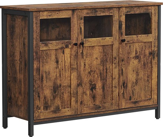 Industrieel Dressoir met 3 Deuren - 100 cm Breed - Vintage Bruin & Zwart - Opbergkast 35cm Diep - Keukenkast & Sideboard - Met Glas-inzet