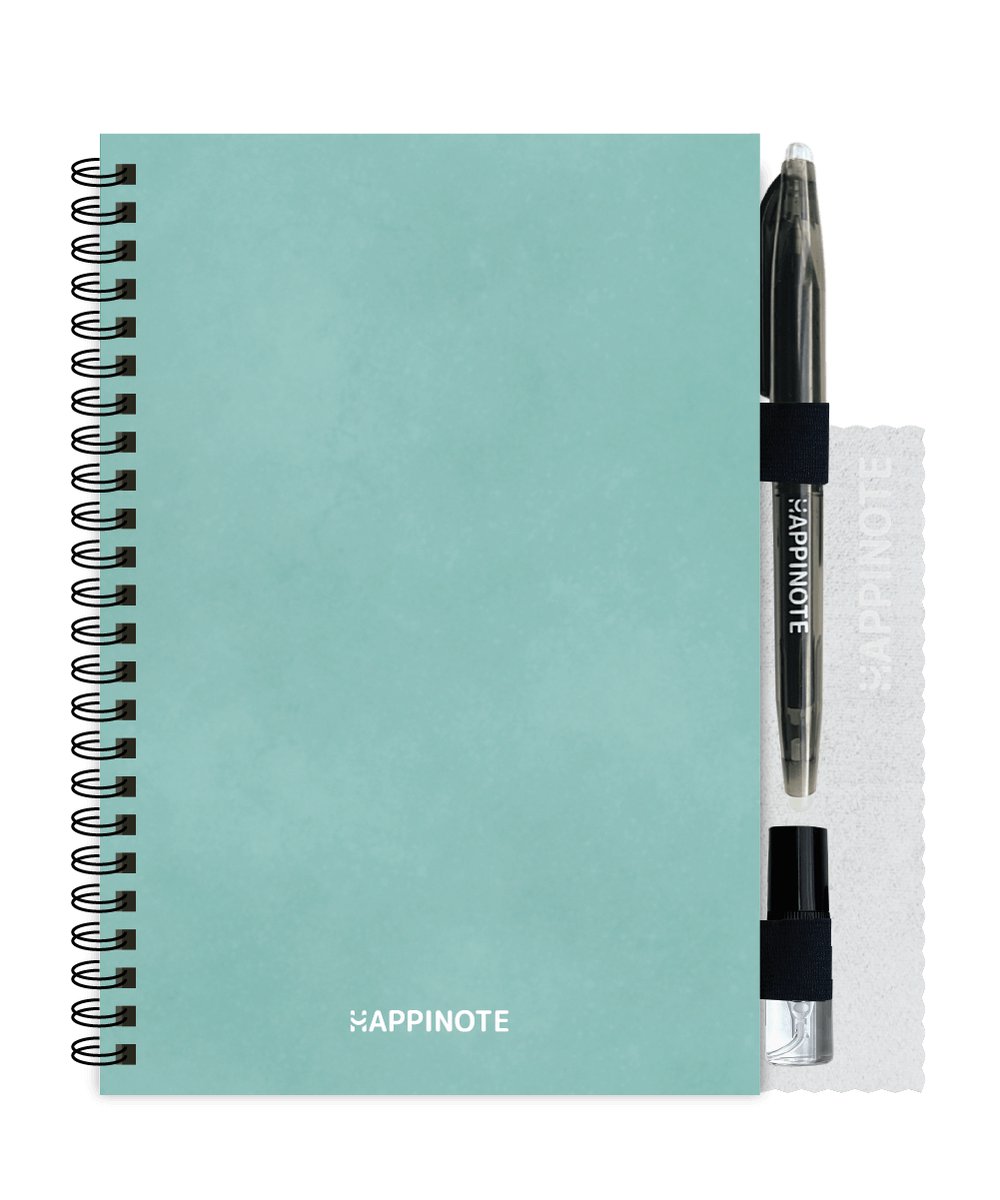 Happinote | Uitwisbaar Notitieboek A5 - inclusief uitwisbare pen, waterspray, houders én doekje - Blue Ocean | 100 pagina's steenpapier verdeeld onder 8 verschillende layouts | Journal | Valentijnscadeau