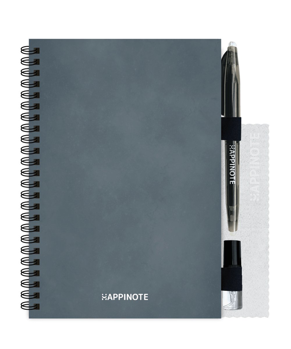 Happinote | Uitwisbaar Notitieboek A5 - inclusief uitwisbare pen, waterspray, houders én doekje - Deep Blue | 100 pagina's steenpapier verdeeld onder 8 verschillende layouts | Journal | Valentijnscadeau