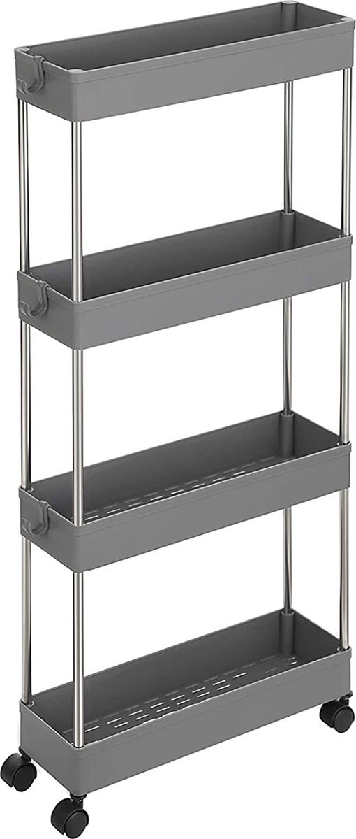 Bol.com Hoppa! wagen met 4 etages, keukenwagen, nis-plank op wielen, ruimtebesparend badkamer- en keukenplankje, 40 x 13,5 x 86 ... aanbieding