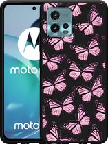Motorola Moto G72 Hoesje Zwart Roze Vlinders - Designed by Cazy