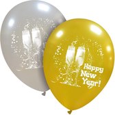 Happy New Year Cheers latex ballonnen, 6 stuks, goud/zilver, 30 cm