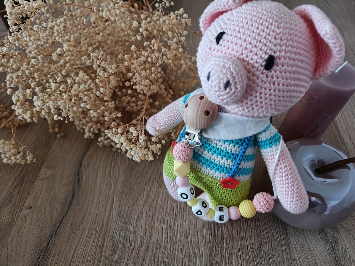 Fopspeenketting met naam - Gepersonaliseerde speenketting - Kraamcadeau - Gepersonaliseerd cadeau - Ketting voor fopspeen - Pink Yellow