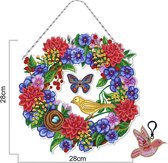 Diamond painting krans - Wall hanging - met extra sleutelhanger - bloemen, vlinder, vogeltje