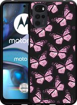 Motorola Moto G22 Hoesje Zwart Roze Vlinders - Designed by Cazy