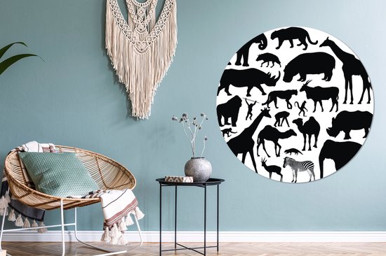 Une illustration en silhouette des Big Five et d'autres animaux Assiette en plastique cercle mural Ø 150 cm XXL / Groot format!