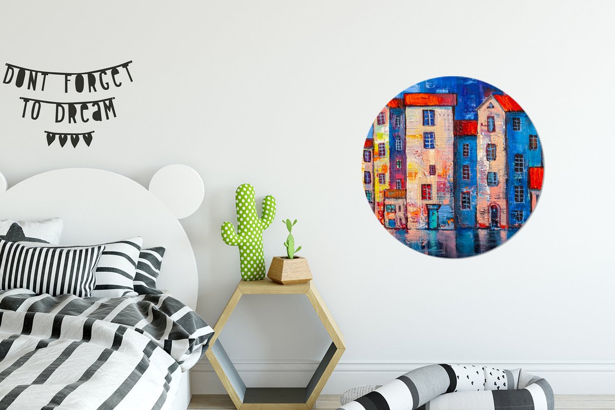 WallCircle - Wandcirkel - Muurcirkel - Schilderij - Olieverf - Huis - Water - Aluminium - Dibond - 60x60 cm - Binnen en Buiten