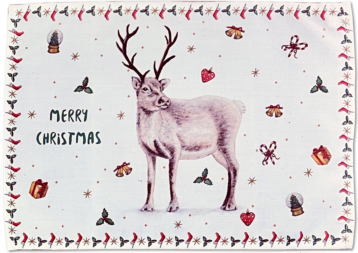 World of Mies kerst placemat rendier - kerstmis tafelversiering - textiel - kerst tafeldecoratie - met aquarel geschilderd door Mies