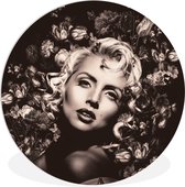 Cercle Mural - Cercle Mural Intérieur - Fleurs - Zwart - Wit - Femme - ⌀ 60 cm - Décoration murale - Peintures Ronds