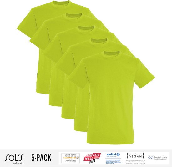 5 Pack Sol's Heren T-Shirt 100% biologisch katoen Ronde hals Appelgroen Maat M