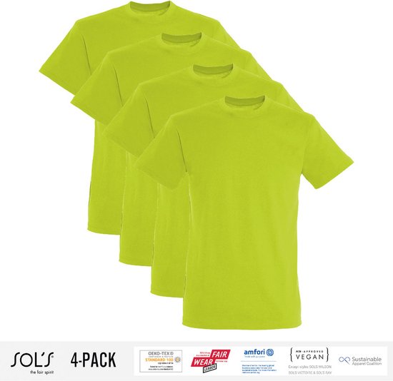 4 Pack Sol's Heren T-Shirt 100% biologisch katoen Ronde hals Appelgroen Maat M