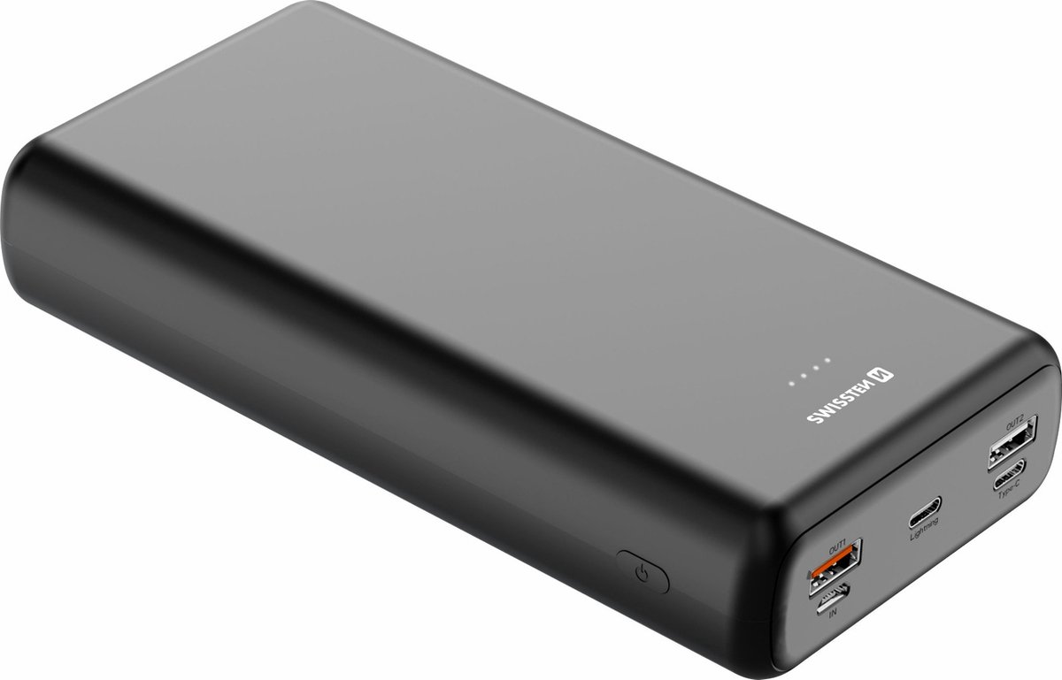 Swissten Powerbank Power Line - 30.000 mAh - geschikt voor o.a. Apple iPhone / Samsung - USB & USB-C - Zwart