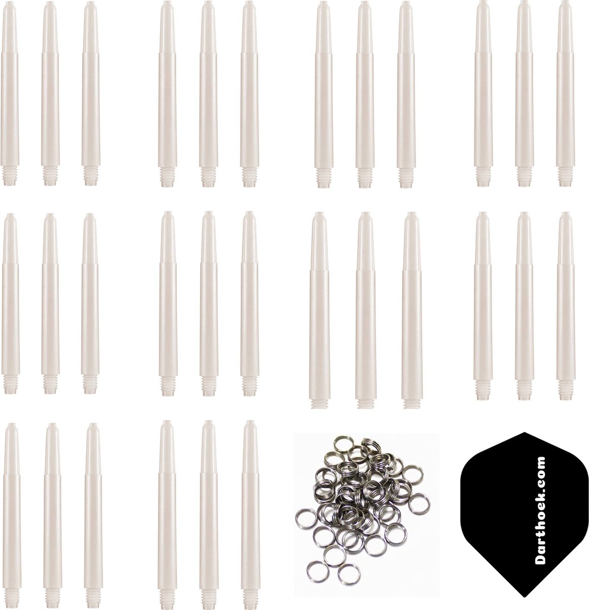 Darthoek naturel dart shafts| 10 sets (30 stuks) |Medium | + 10 sets (30 stuks) veerringen + 1 set darthoek flights