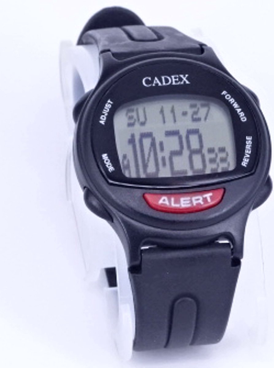 Cadex Alert alarmhorloge - met databank voor persoonlijke gegevens- in te stellen medicatie info per alarm -met 12 alarmen -Zwart met zwart silicone band
