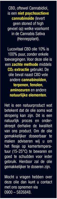 Informatie over CBD, extractiemethode en gebruik van Lucovitaal CBD olie 10%.
