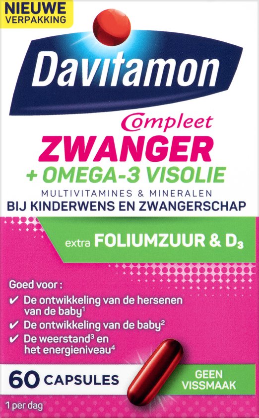 Davitamon Mama Compleet Zwanger Omega 3 Visolie met Foliumzuur - Multivitamine zwangerschap met vitamine D3 - 60 stuks zwangerschapsvitaminen cadeau geven