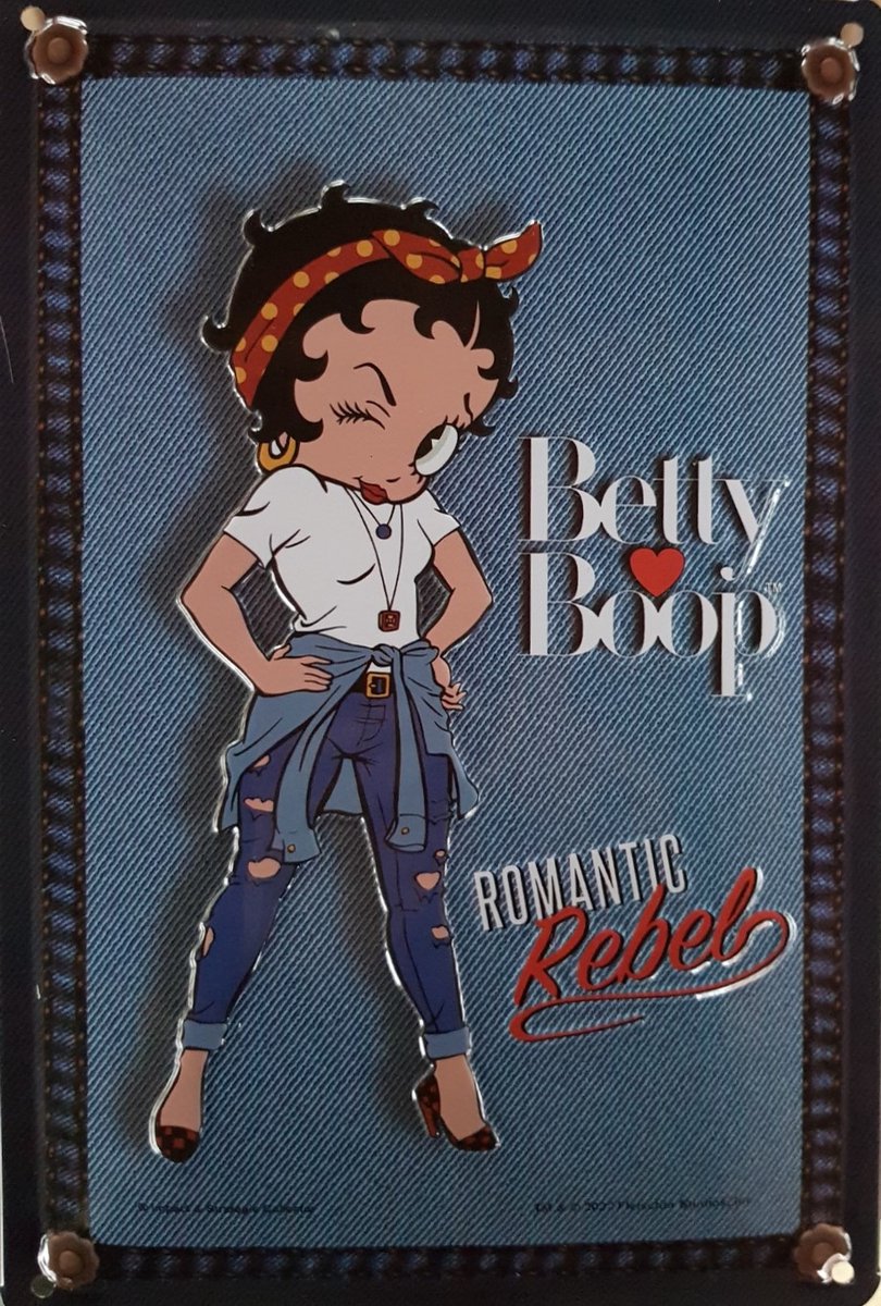 Betty Boop Romantic Rebel Blauw . Metalen wandbord in reliëf 20 x 30 cm.